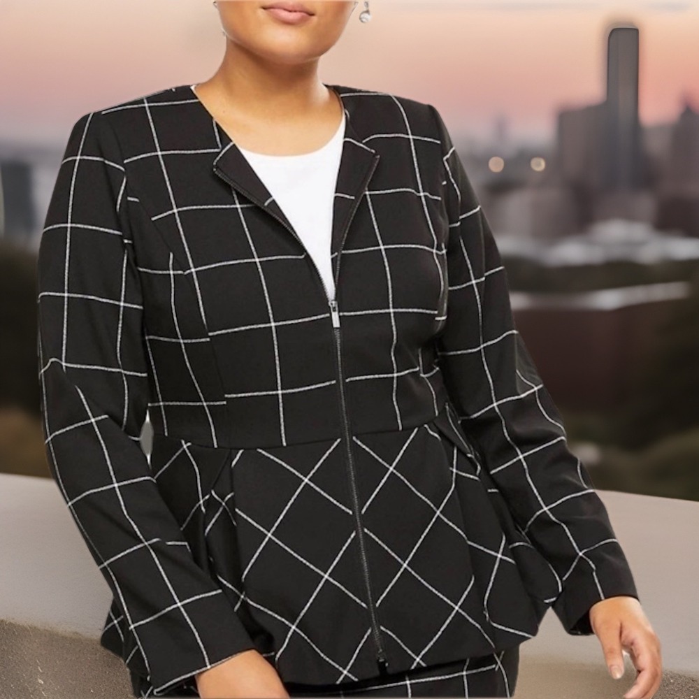 Lane Bryant Blazer Women Sz 22 Windowpane Peplum Full Zip Black White Stretch